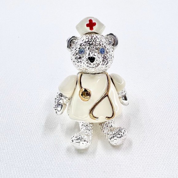 Napier Jewelry - Napier – Vintage Silver Tone Enamel Teddy Bear Nurse Articulated Jointed Brooch
